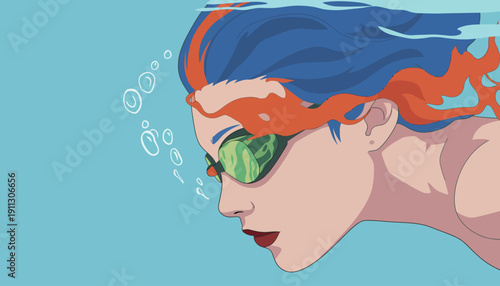 A person with colorful hair swims below the water surface, wearing goggles and showing focus on the dive in a clear blue environment.
