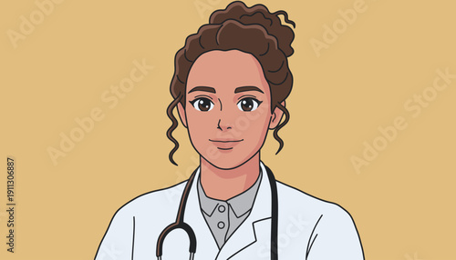 A doctor with curly hair wearing a white coat and stethoscope looks at the viewer, ready to assist in a medical setting.