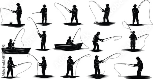 Fisherman silhouette collection, fly fishing vector set, anglers casting rods, boat fishing icons, outdoor hobby, lake river sport, isolated, nature.