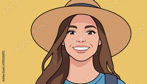 A woman is smiling while wearing a straw sun hat and a blue shirt. She is in front of a yellow background and looks friendly.
