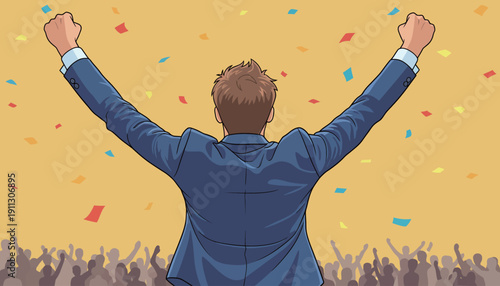 A man stands on stage with arms raised as a large crowd cheers. Confetti falls around, creating a lively atmosphere during the event.