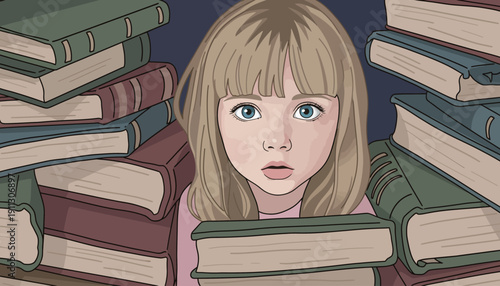 Young child explores a world of books, surrounded by tall stacks of colorful books, showing curiosity and wonder during evening time