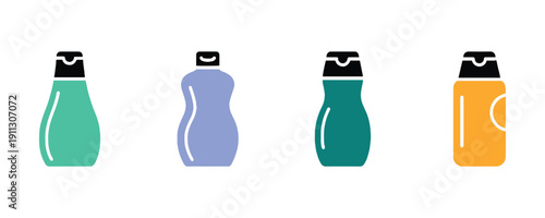 Icons of shampoo bottles in a variety of colors, created in a stylish flat design, suitable for your web design, logo, app, or UI. Vector illustration.
