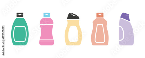 A set of shampoo bottle icons in various colors, designed in a trendy flat style, perfect for your website, logo, app, or UI. Vector illustration.
