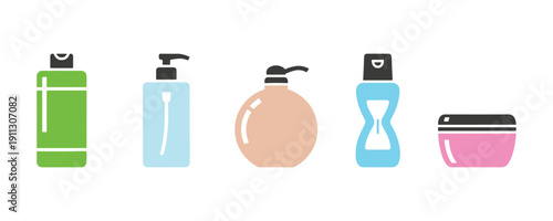 A set of shampoo bottle icons in various colors, designed in a trendy flat style, perfect for your website, logo, app, or UI. Vector illustration.