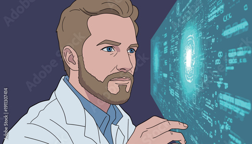 A scientist studies and interacts with a digital display that shows data. The scene takes place in a lab, focusing on technology and research.