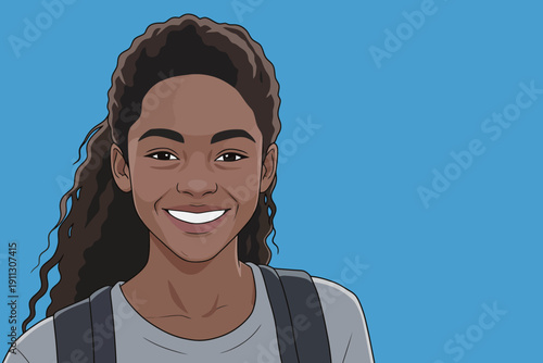 Girl stands and smiles while wearing a backpack. She has long curly hair and looks directly at the viewer. The background is blue.