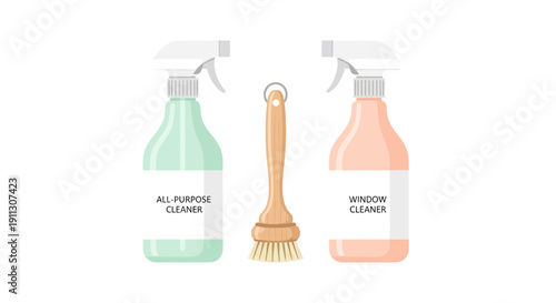 Cleaning Supplies with Spray Bottles and Brush.
