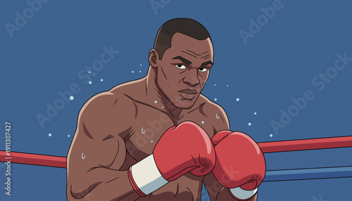 A boxer prepares for a match in a sports arena with blue background and red ropes. The focus is on his determination and stance.