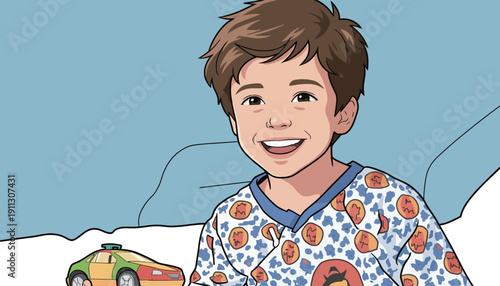 A boy smiles as he plays with a toy car on a bed. He is dressed in bright pajamas and enjoying a morning at home.