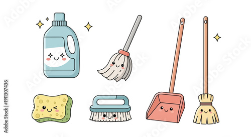 Cartoon Cleaning Supplies with Smiling Faces.