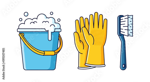 Cleaning Supplies Bucket Gloves Brush.
