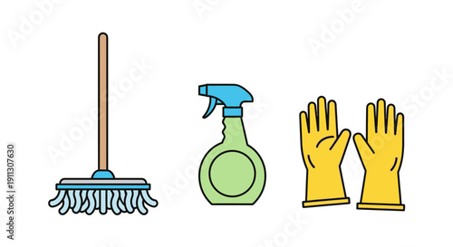 Cleaning Tools Broom Spray Gloves Illustration.