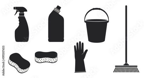Cleaning Supplies and Tools Silhouette Set.
