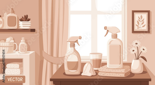 Cleaning Supplies and Household Items on Table.