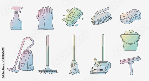 Cleaning Supplies and Tools Illustration Set.