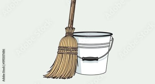Broom leaning against a metal bucket.