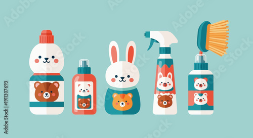 Bathroom Cleaning Products with Cartoon Animal Designs.