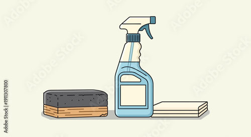 Cleaning Supplies Sprayer Brushes and Cloths.