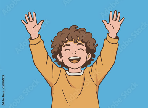 A child smiles widely with hands raised in joy against a blue background, capturing a moment of excitement and happiness.