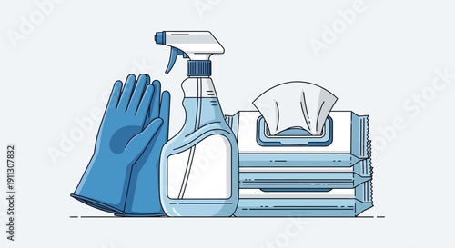Cleaning Supplies with Gloves and Towels.