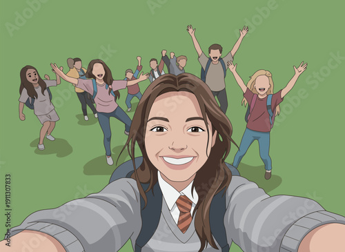 Students gather together outside in a school setting, smiling and showing enthusiasm while posing for a selfie with joy.