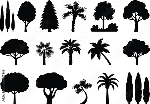 Tropical and evergreen tree silhouettes set, black palm and cypress forest vector collection isolated for landscape design, botanical illustration elements