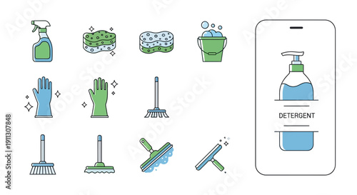 Cleaning Supplies and Mobile App Illustration.