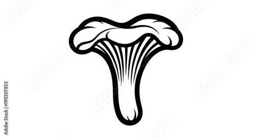 A simple black and white illustration of a mushroom with a distinctive shape.