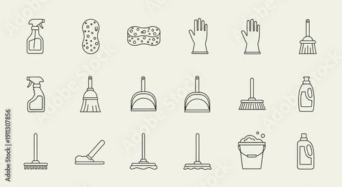 Collection of Cleaning Tools and Supplies Icons.