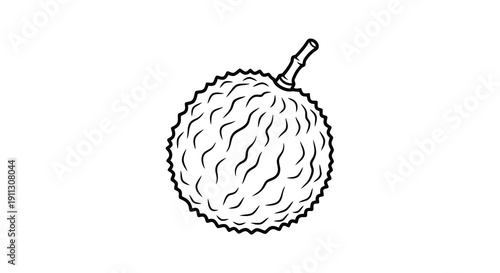 A simple black and white line drawing of a fruit with a textured surface and stem.