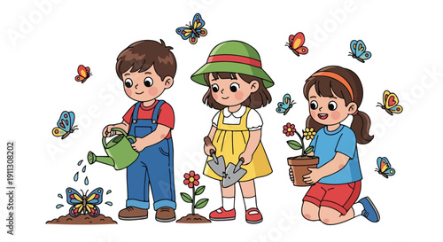 Three happy children are engaged in various gardening activities, watering plants, using a trowel, and holding a potted flower, surrounded by colorful butterflies.