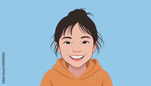 A child with dark hair smiles while wearing an orange hoodie. The background is blue, and it appears to be daytime.