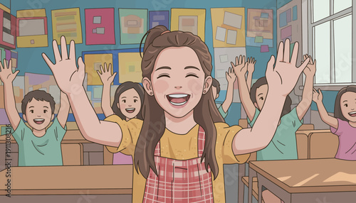 Children in a classroom raise their hands with smiles during a group activity in the afternoon. They enjoy the moment together.