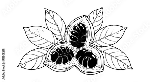 A simple black and white drawing of a fruit cut open to reveal seeds inside.