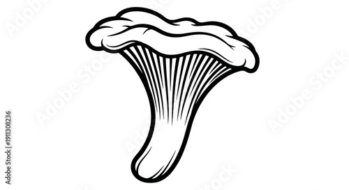 A simple black and white illustration of a mushroom with visible gills.