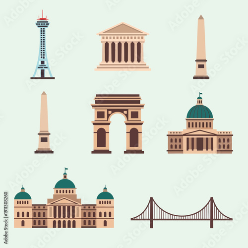 Iconic landmarks and monuments from around the world in modern illustration style
