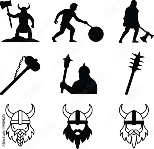 Viking warrior silhouettes and weapon icons set, Norse medieval fighters with axe, hammer and helmet symbols, Scandinavian vector illustration isolated on white background