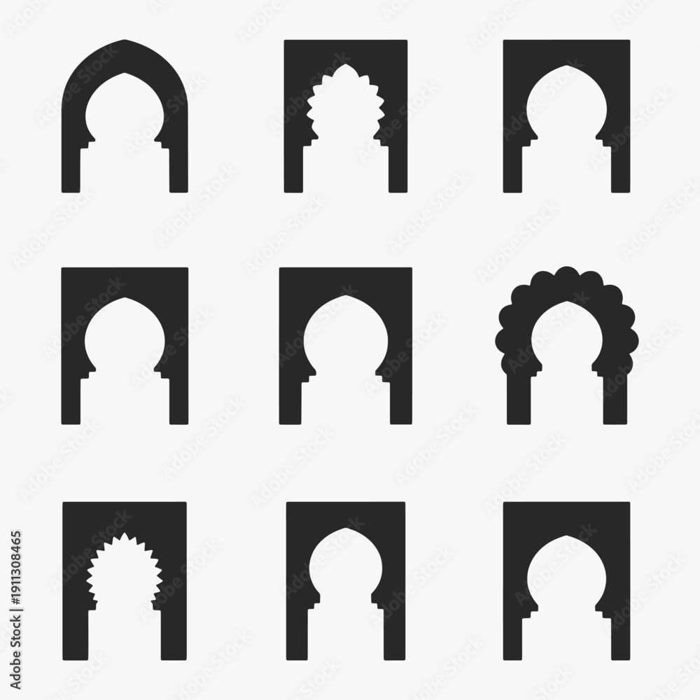 Fototapeta premium A set of Islamic arch shapes on a white background.
