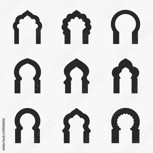 A set of Islamic arch shapes on a white background.