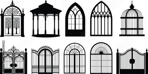 Vintage arched gate and window silhouette collection, decorative wrought iron metal vector illustration set with gothic architectural entrance designs