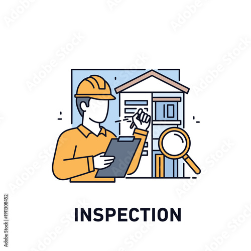 Inspector examining house with clipboard and magnifying glass