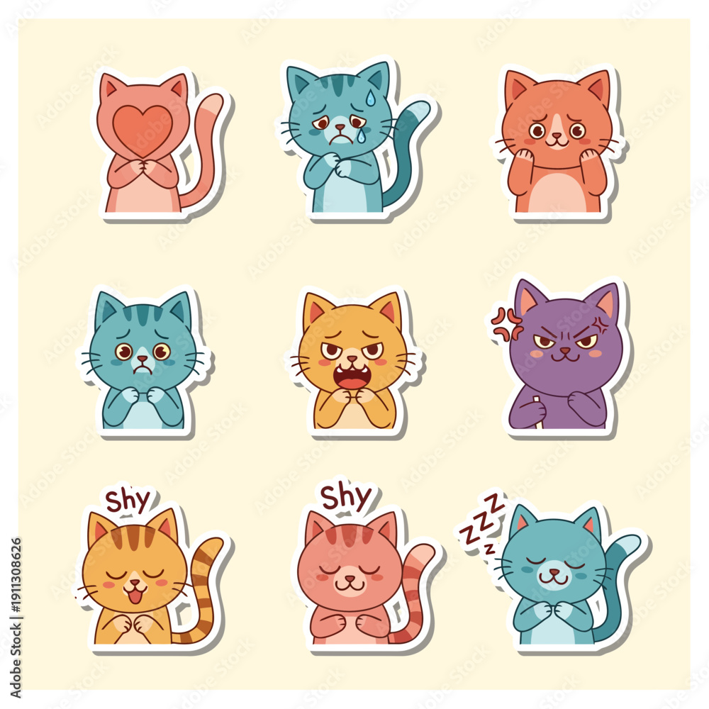 Fototapeta premium Cute cartoon cats with various adorable emotional expressions