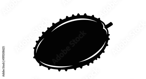 A black oval shape with serrated edges and a small protrusion on the right side.
