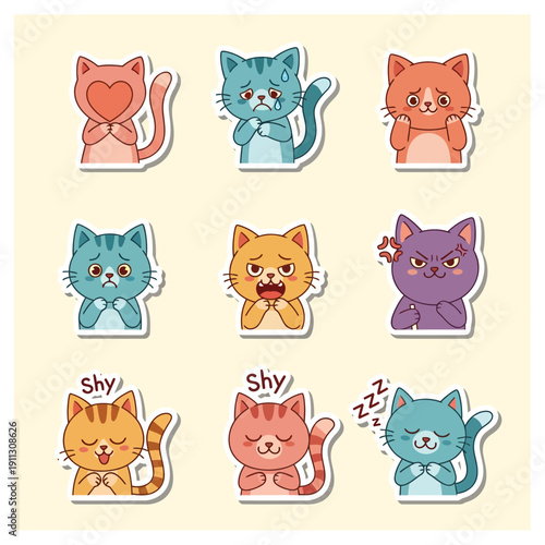 Cute cartoon cats with various adorable emotional expressions