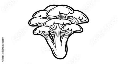 A simple black and white drawing of a mushroom with a distinctive shape.