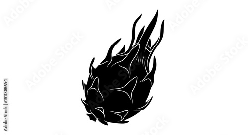A black silhouette of a flame with a star shaped object inside it is on a white background.