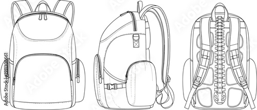 Backpack technical line drawing, front side back views, travel bag blueprint, vector outline illustration, school rucksack design template isolated white