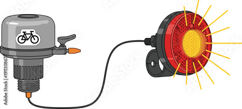 Bicycle dynamo generator and rear safety light illustration isolated cycling equipment power generator lamp detailed flat vector design concept
