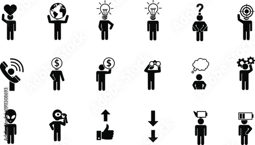 Business concept people icons set, human symbols for strategy, finance, communication, ideas, goals, support, emotions, vector pictograms